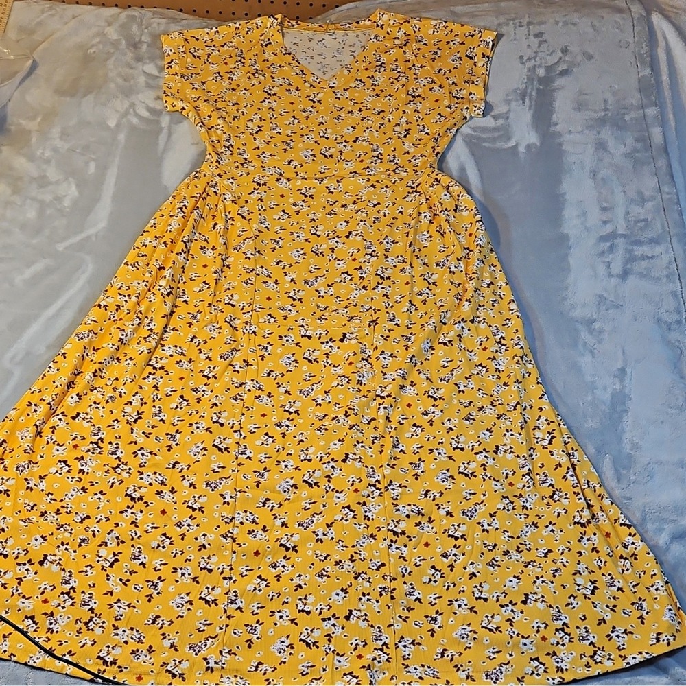 WNEEDU Womens Yellow Floral V-Neck Short Sleeve A-Line Maxi Dress Size S